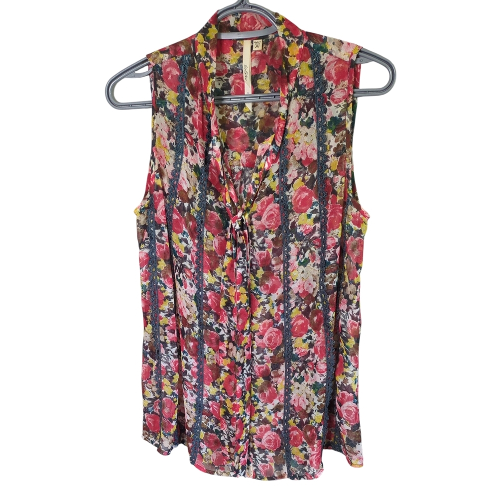 Bellatrix Floral Sleeveless Top Button Down Lace Trim Tie Sheer Size Medium